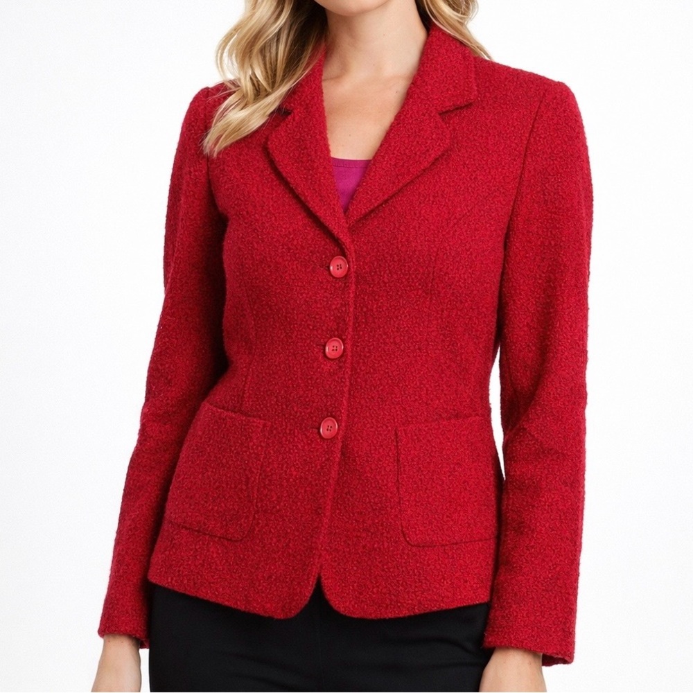VTG Jennifer & Grace Red Boucle Tweed Wool Blend Blazer Women, Size 10